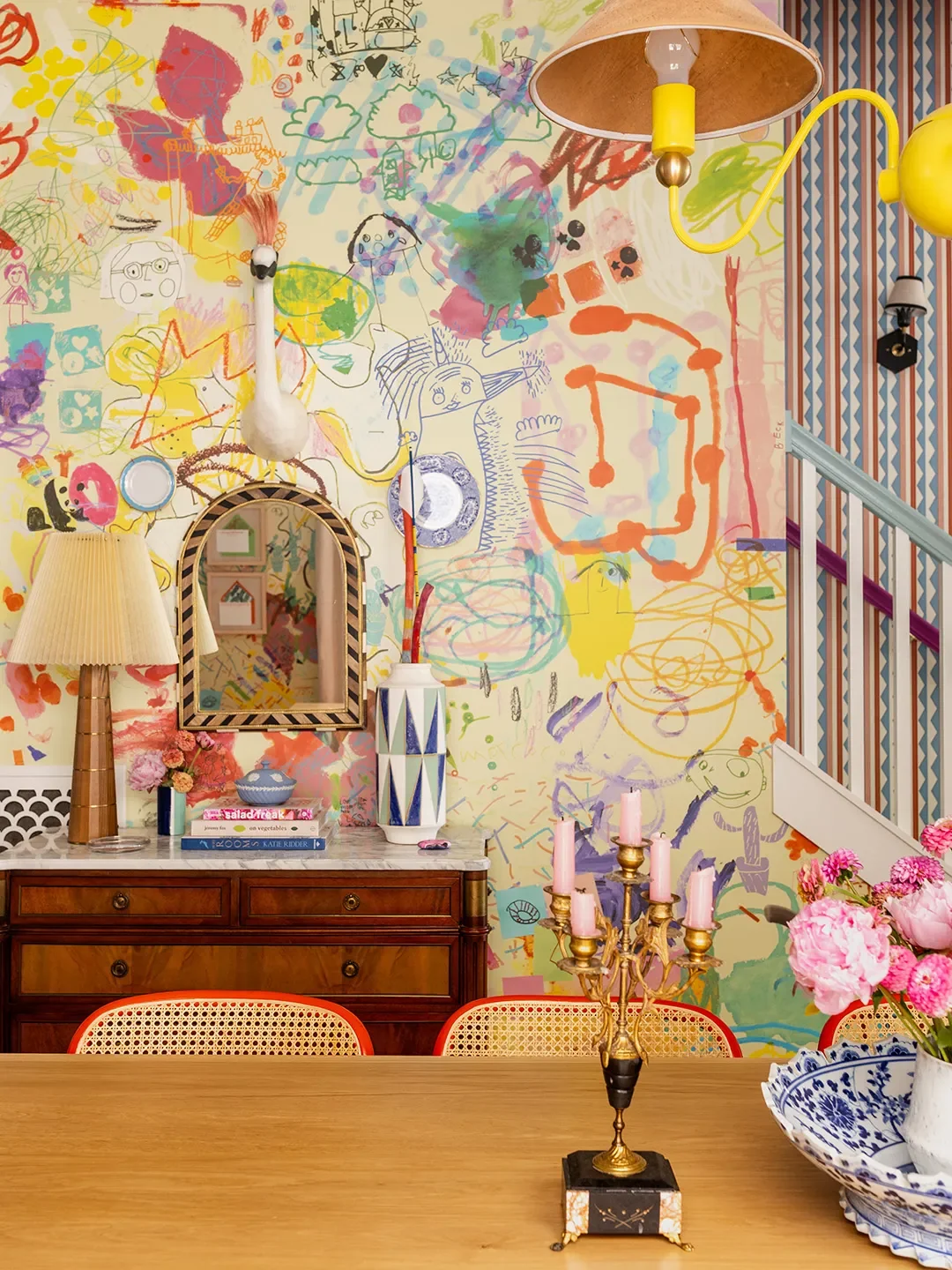 The True Masterminds Behind This Designer's Epic Dining Room Wallpaper? Her Three Kids